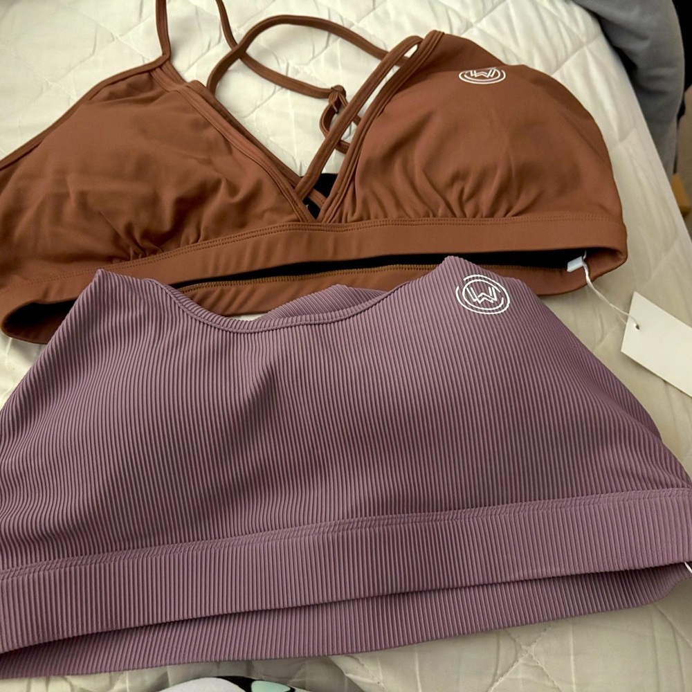 Three active sports bras beige, brown, purple